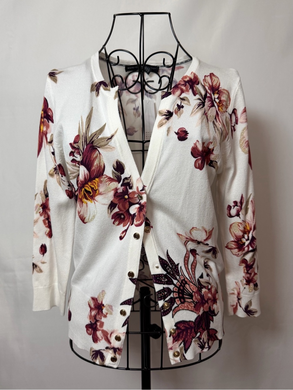 White House Black Market White Floral Button-Front Cardigan